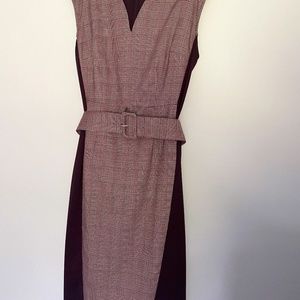 New York & Company V-Neck Burgundy Color-Block Plaid Stretch Dress
